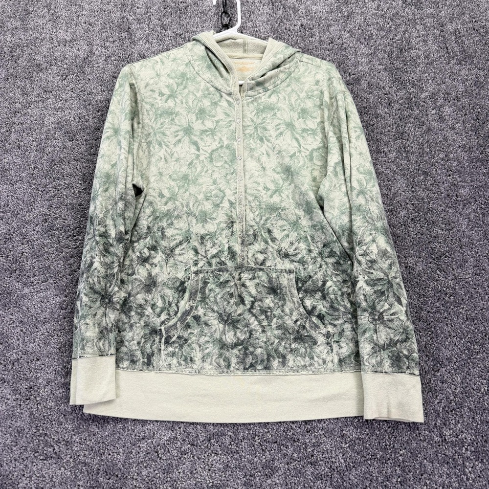 Northcrest Hoodie Womens Large Green Floral Terry 1/4 Zip Pullover Casual